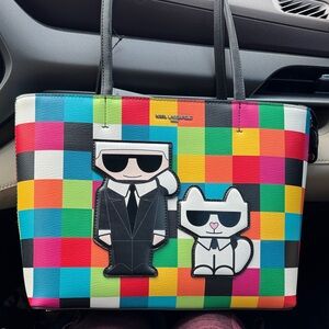 Karl Lagerfeld Colorful Checkered Tote with Black Handles